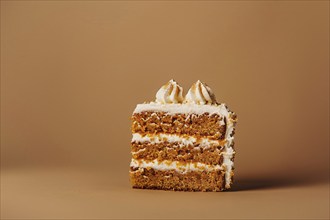 Slice of layered carrot cream cake on orange background. Generative Ai, AI generated