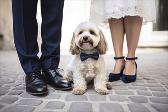 Dog with elegant bow tie between wedding couple. KI generiert, generiert AI generated