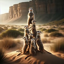 A group of meerkats forms a pyramid, AI generated, AI generated