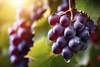 Harvest ready grape bunches with water droplets sparkling in the sunlight, AI generated