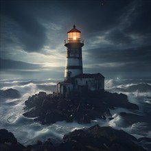 Abandoned lighthouse with an unlit beacon on a tumultuous sea, AI generated