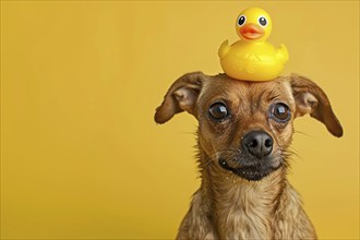 Funny brown dog with rubber duck on head in front of yellow studio background with copy space. KI