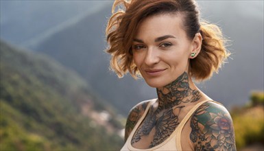 Portrait of a woman with tattoos in a natural mountain setting, radiating serenity and