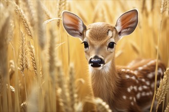 Young fawn deer hiding in grain field. KI generiert, generiert AI generated