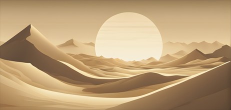 Abstract desert scene with triangular sand dunes and a single circular sun, using sharp lines and