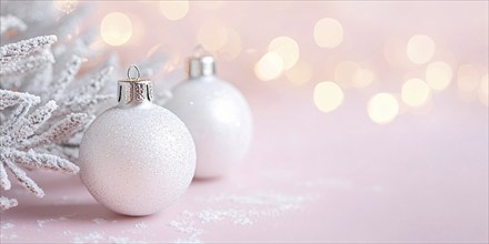 Christmas banner with white bauble ornaments on pink background with copy space. Generative AI, AI