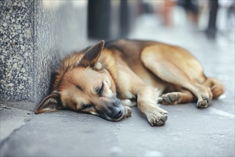 Stray dog sleeping on street. Generative AI, AI generated