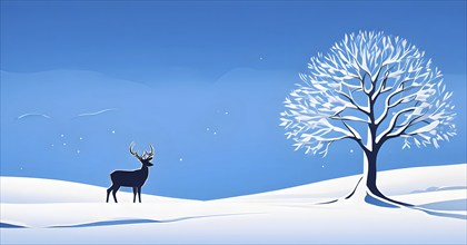 Abstract minimalist winter scene with a single, sharp silhouette of a deer and of a snow-covered