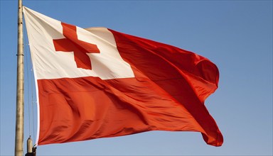 The flag of Tonga, Pacific island state, flutters in the wind, isolated against a blue sky