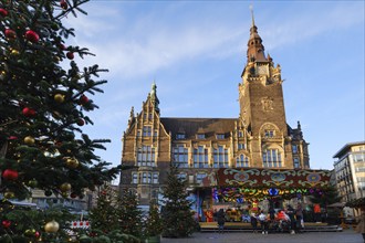 Christmas market at Neumarkt, behind the administration building, town hall, neo-Gothic, Elberfeld,