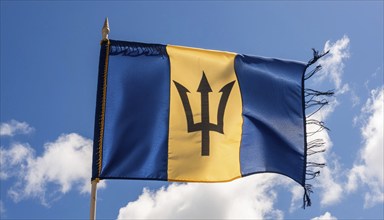 The Barbados flag flutters in the wind, isolated against a blue sky