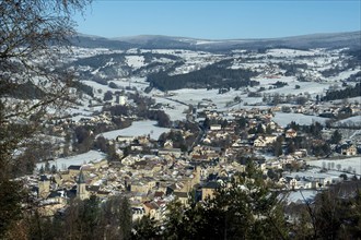 Malzieu-ville in winter labelled Les Plus Beaux Villages de France, Margeride. Lozere department.