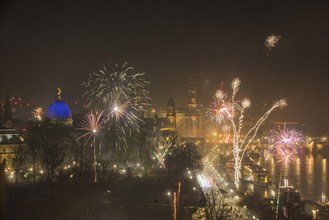 New Year's Eve fireworks over Dresden's Old Town, Dresden, Saxony, Germany, Europe