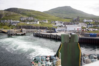 Ship's wake in water ferry leaving Castlebay, Barra, Outer Hebrides, Scotland, UK