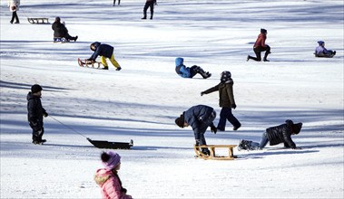 Tobogganing fun in Berlin's snow-covered Viktoriapark. Snow and icy cold continue to dominate the