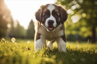 A curious cute Saint Bernard puppy with expressive eyes and floppy ears, exploring the outdoors on