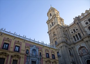 Bell tower Baroque architecture exterior of the cathedral church of Malaga city, Spain, Santa