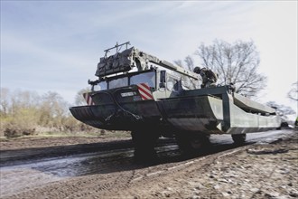 Amphibious vehicles of the type Amphibie M3 of the Bundeswehr taken during the military exercise