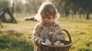 Young female child gathering colorful easter eggs outdoors and placing them in her basket,