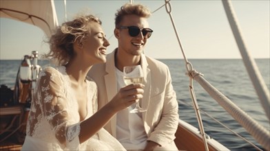 Young adult caucasian couple enjoying drinks on the deck of their yacht in the ocean, generatvie