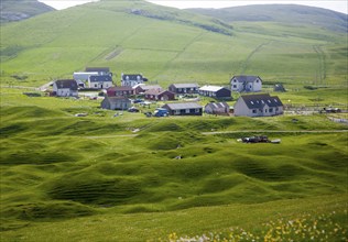 Houses in the crofting settlement village of Bhatarsaigh, Vatersay, Barra, Outer Hebrides,