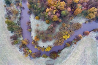 Aerial view of the Hunte in autumn, Meander, Hunte loop, Hunte, river, tree, forest, autumn