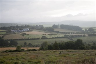 Grey overcast weather clouds hanging over moorland, Dartmoor national park, near Postbridge, Devon,