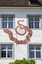 Facade with an artistically painted sundial with Roman numerals, numbers, Salem Castle, former