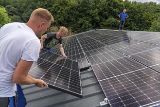 Installation of solar modules on the roof of a barn on a farm, over 210 photovoltaic modules are