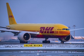 DHL, AeroLogic, Boeing 777F, on the taxiway to Runway West, Frankfurt FRA Airport, Fraport, in