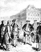 Long fellows arriving in Berlin are presented to King Frederick William I, palace, Prussian