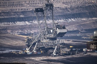 Garzweiler opencast lignite mine, bucket wheel excavator undergoing maintenance and repair, near