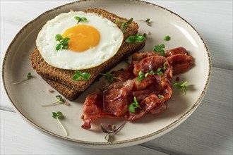 Breakfast, fried egg with bacon, micro-green, on a light background, no people, selective focus