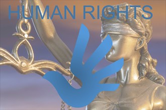 Human rights symbol: Public domain Human Rights logo, the word Human Rights and a Justitia in the