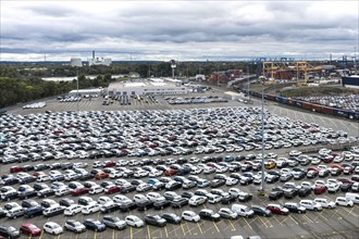 Car terminal in inland port Logport 1, Duisburg, vehicle handling of new cars, 27/09/2020