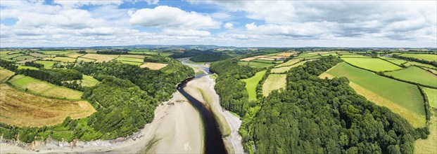 Panorama of River Emme and Red Cove from a drone, Mothecombe, Plymouth, South Devon, England,