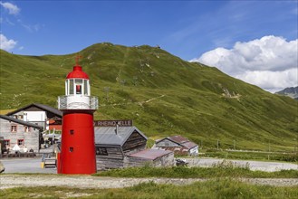 Oberalp Pass, top of the pass. The only lighthouse in the Alps stands near the source of the Rhine