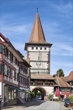 Half-timbered buildings with the Obertorturm, Haigeracher Tor, historic town tower and landmark in