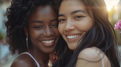 Interracial lesbian LGBTQ couple with long hair and smiling. Concept of inclusivity, AI generated