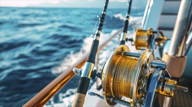 Two fishing rods with a large gold colored fishing line. The rods are on a boat in the ocean, AI