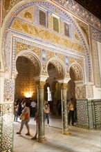 Palace of Pedro First, historic moorish palace interior architecture in the Alcazar, Seville,