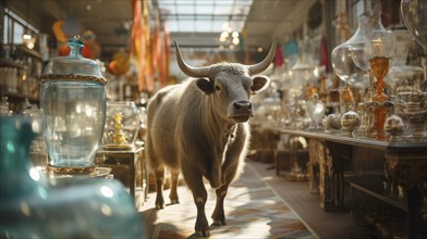 Very large bull with horns in a China shop filled with glassware. generative AI, AI generated