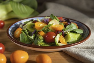 Vegetarian salad of pac choi cabbage, kiwi, tomatoes, kumquat, microgreen sprouts on a wooden