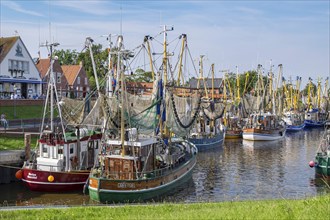 Crab cutter in the harbour of Greetsiel, the largest cutter fleet in East Frisia, Greetsiel, East