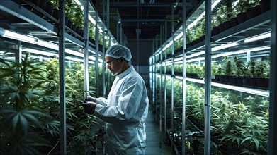 Cannabis cultivation facility in flourishing condition neatly arranged rows of vibrant green