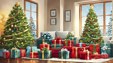 Abstract illustration of wrapped Christmas gifts, shiny ribbons and bows, stacked under a evergreen