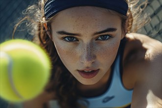 Close up of woman playing tennis. Generative Ai, AI generated