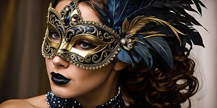 Young woman at venetian masquerade with ornate mask, AI generated