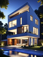 Three dimensional rendering of an illuminated modern ecological real estate residential house, AI