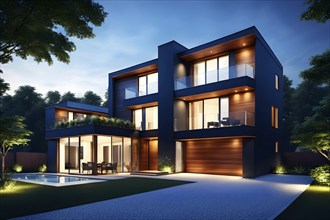 Three dimensional rendering of an illuminated modern ecological real estate residential house, AI